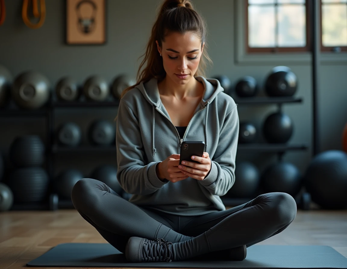 Femme consultant son application de coaching fitness sur smartphone dans une salle de sport à domicile, suivi personnalisé de la méthode Papainshape