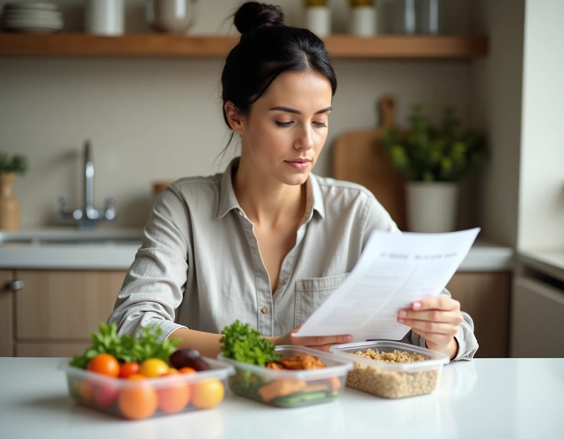 Femme planifiant ses repas équilibrés avec des contenants de meal prep sains, approche nutritionnelle de la méthode Papainshape