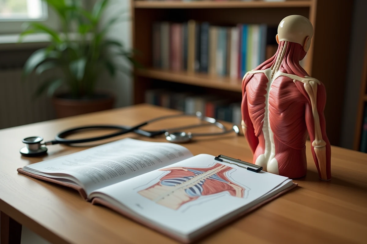 Modèle anatomique de l'épaule posé sur un bureau médical avec un manuel de médecine ouvert illustrant le tendon supra épineux et la coiffe des rotateurs