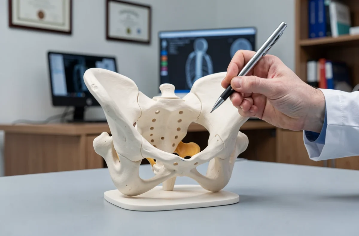 Modèle anatomique du bassin et du sacrum dans un cabinet médical avec médecin indiquant la zone de déplacement responsable de la sciatique