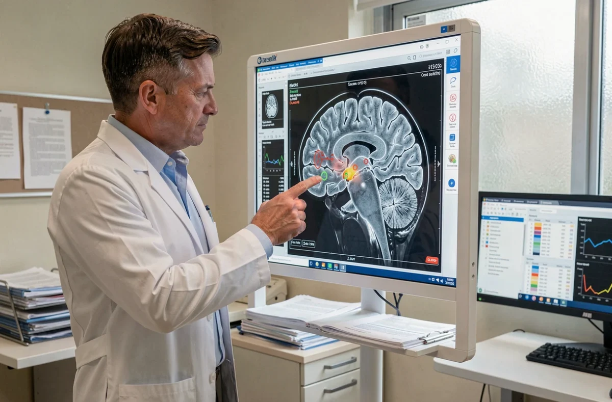 Neurologue analysant une IRM cérébrale dans un cabinet médical, illustrant le diagnostic de l'anosognosie dans l'AVC et les maladies neurodégénératives