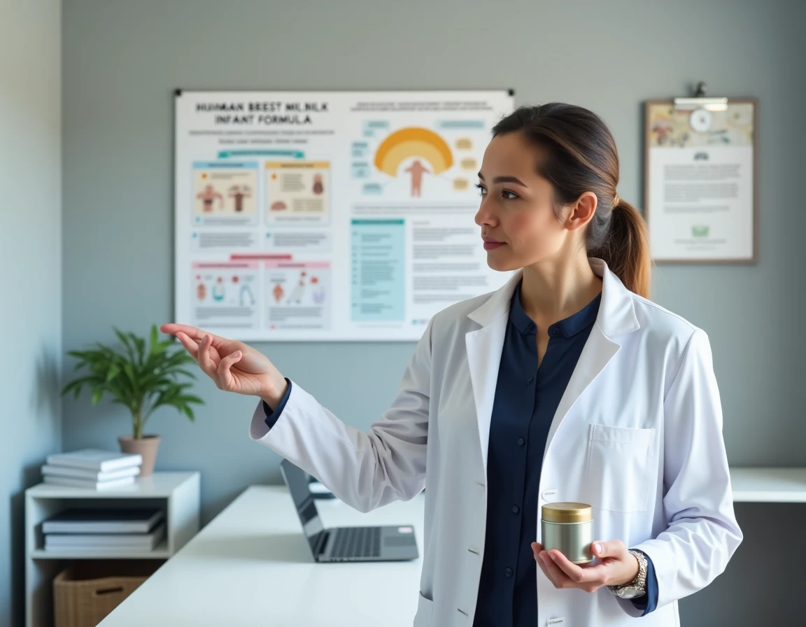 Nutritionniste pédiatrique présentant une comparaison nutritionnelle entre lait maternel et lait maternisé dans un cabinet médical
