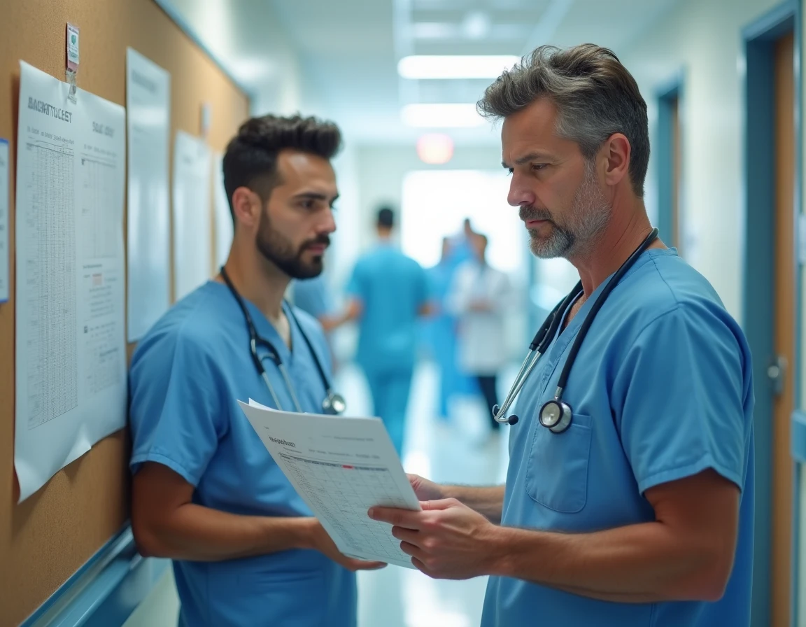 Obstétricien consultant un calendrier obstétrical sur les semaines d'accouchement les plus fréquentes dans un couloir d'hôpital