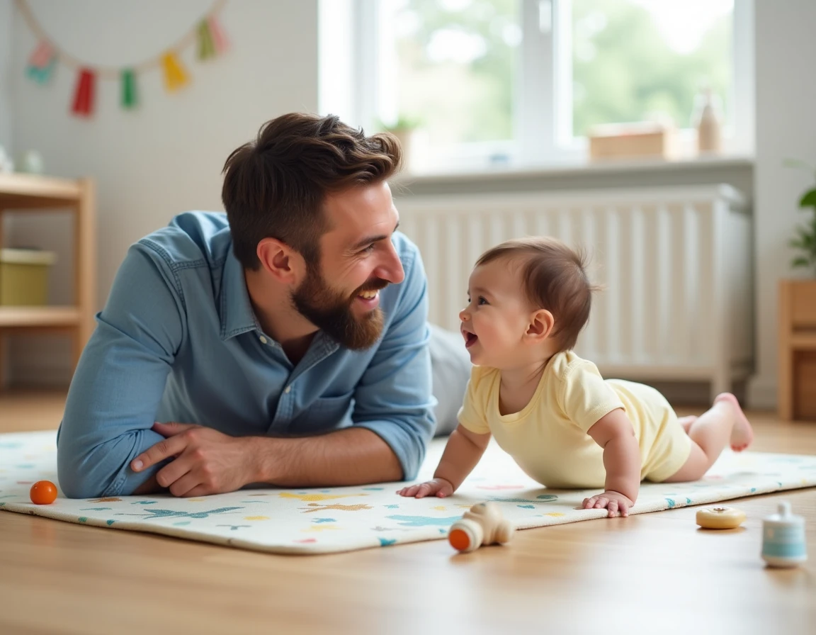Papa allongé face à son bébé de 6 mois sur un tapis de jeu, les deux se regardant et souriant lors d'un moment de reconnaissance mutuelle