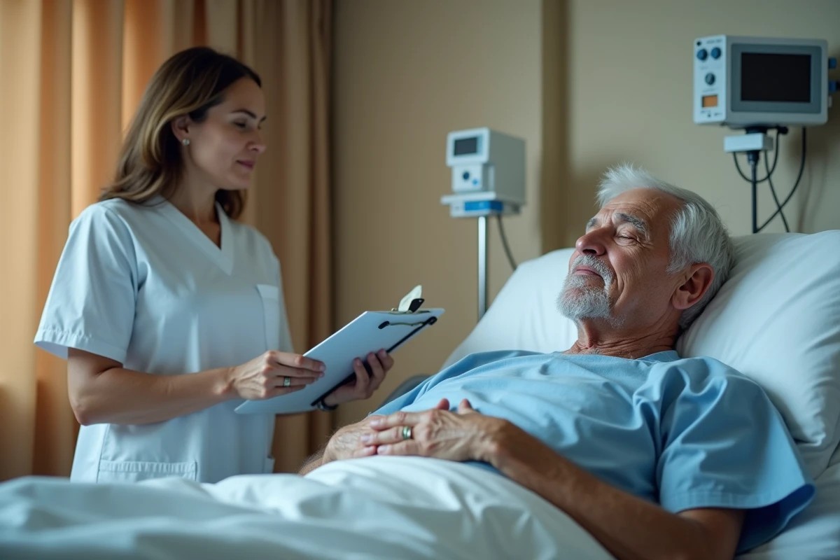 Patient âgé en salle de réveil après une pose de stent coronarien surveillé par une infirmière, illustrant le suivi post-opératoire cardiaque