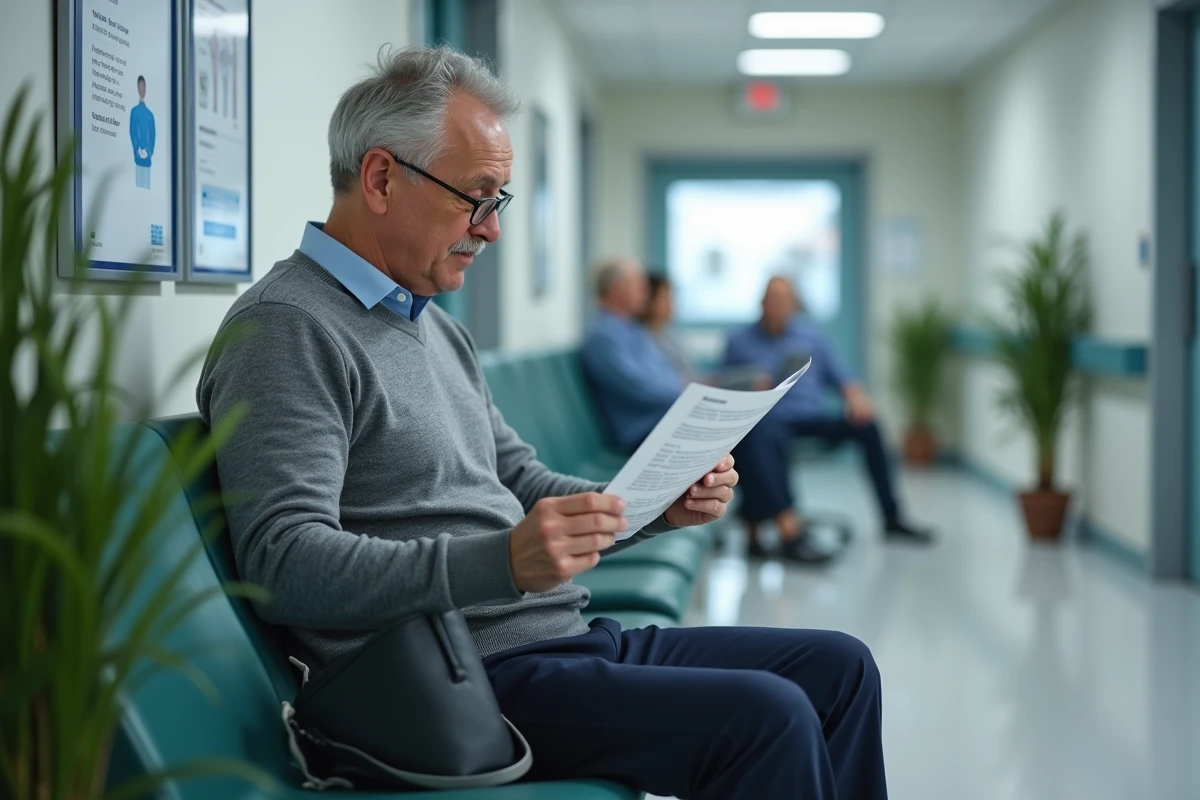 Patient lisant une brochure sur ses droits dans une salle d'attente hospitalière