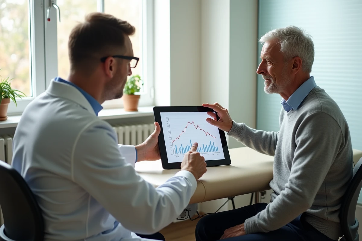 Patient et médecin consultant ensemble l'évolution du taux CA 19-9 sur une tablette numérique en salle de consultation