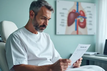 Patient adulte examinant ses résultats d'analyse sanguine montrant un taux de gamma glutamyl transférase élevé dans un cabinet médical