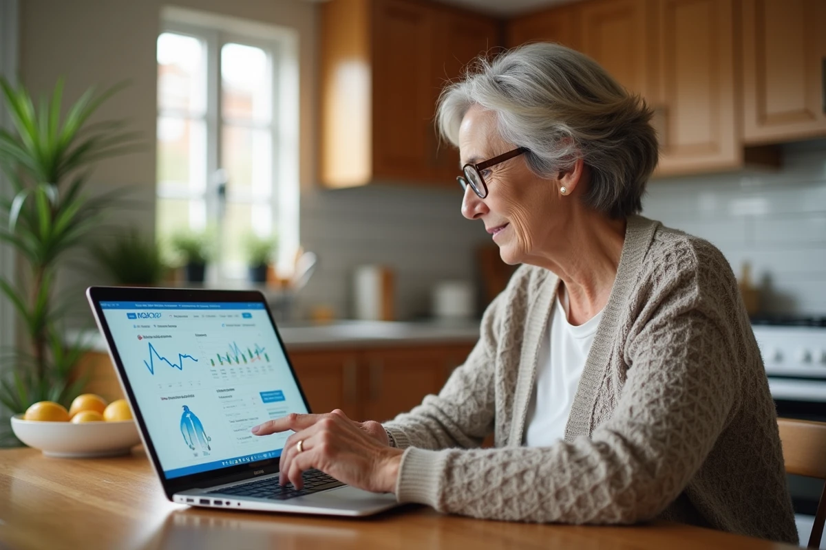 Patiente à domicile consultant ses résultats d'analyses médicales en ligne via Laboconnect sur un ordinateur portable