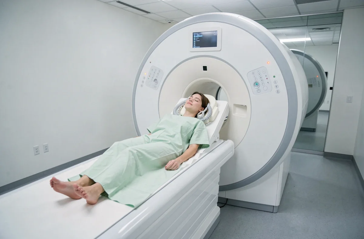Patiente allongée dans un scanner IRM pour un examen de rétrécissement foraminal cervical en milieu hospitalier