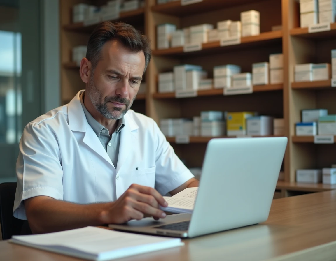 Pharmacien lisant un code juridique des professions de santé derrière le comptoir d'une pharmacie moderne