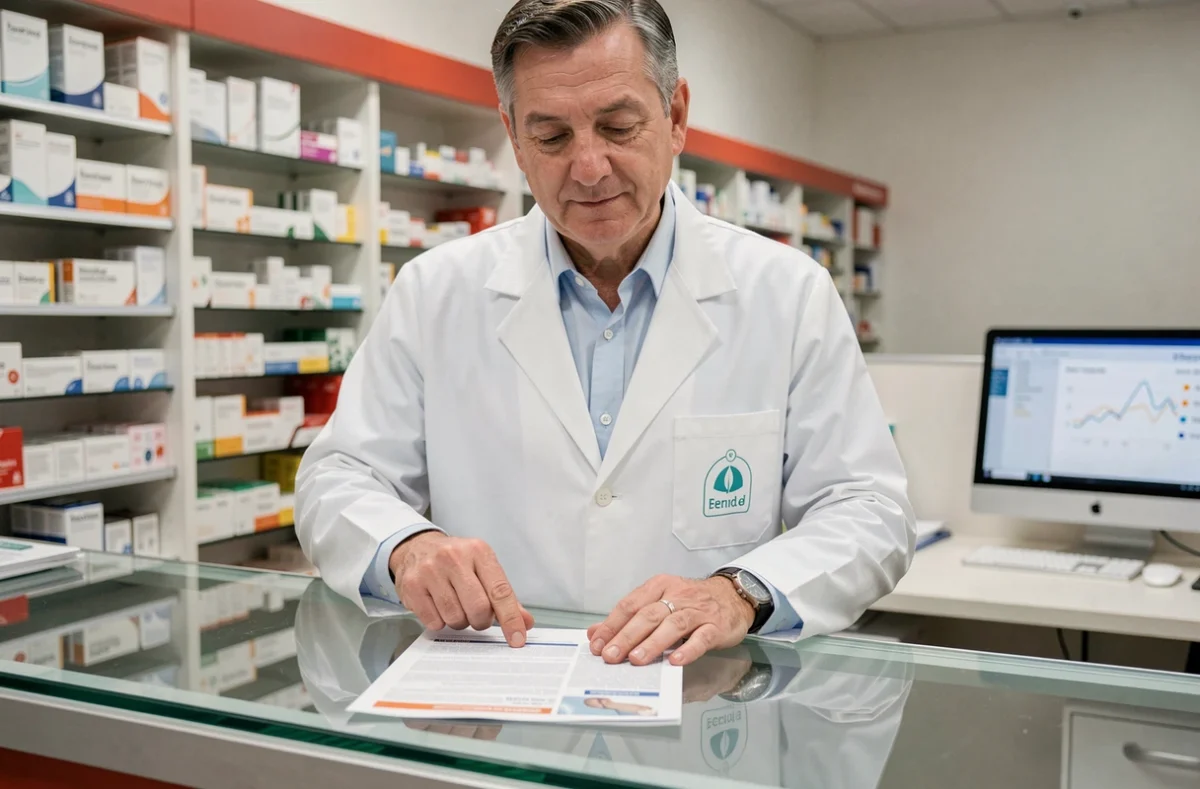 Pharmacien expliquant la notice d'un produit minceur à un comptoir de pharmacie