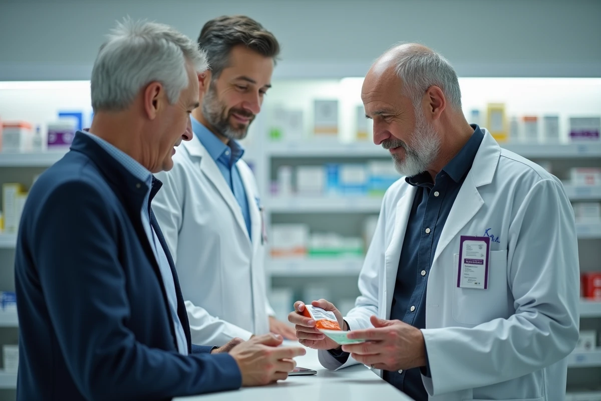 Pharmacien conseillant un patient sur les solutions laxatives alternatives aux micro-lax en pharmacie