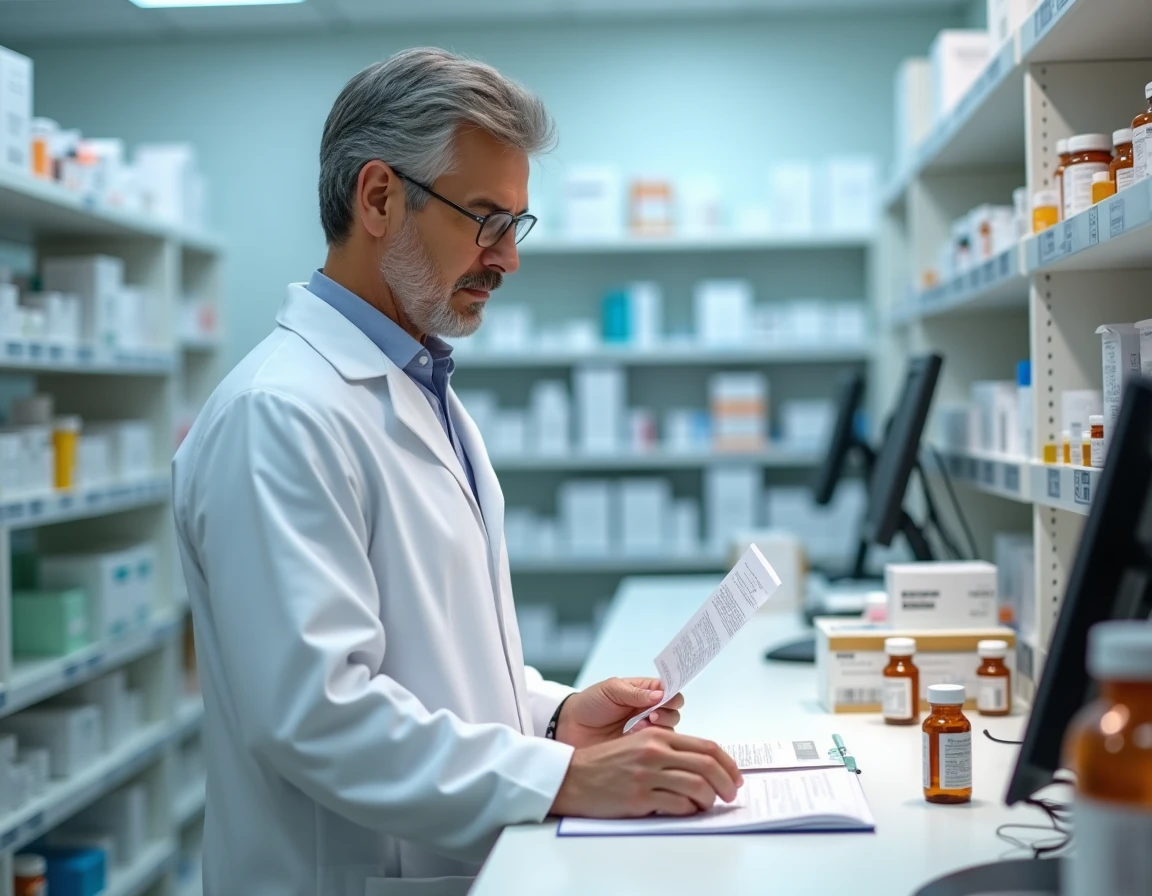 Pharmacien hospitalier vérifiant une ordonnance de médicaments palliatifs dans une pharmacie clinique