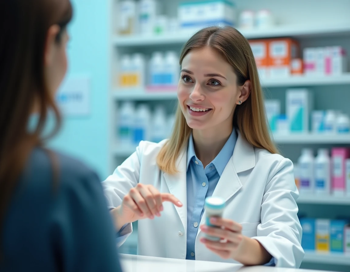 Pharmacienne conseillant un client sur un traitement contre les réactions allergiques cutanées dans une pharmacie