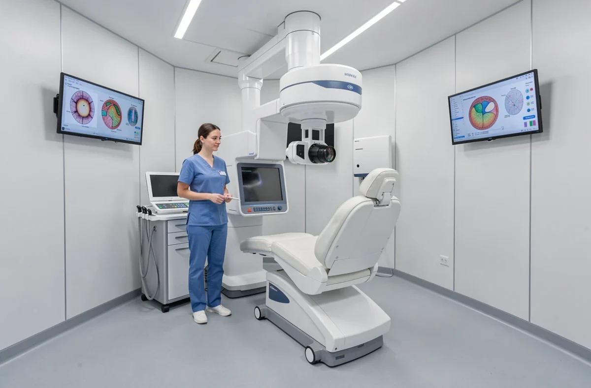 Salle de chirurgie réfractive laser de Phenicia Vision à Marseille avec un laser excimer et un technicien en tenue chirurgicale