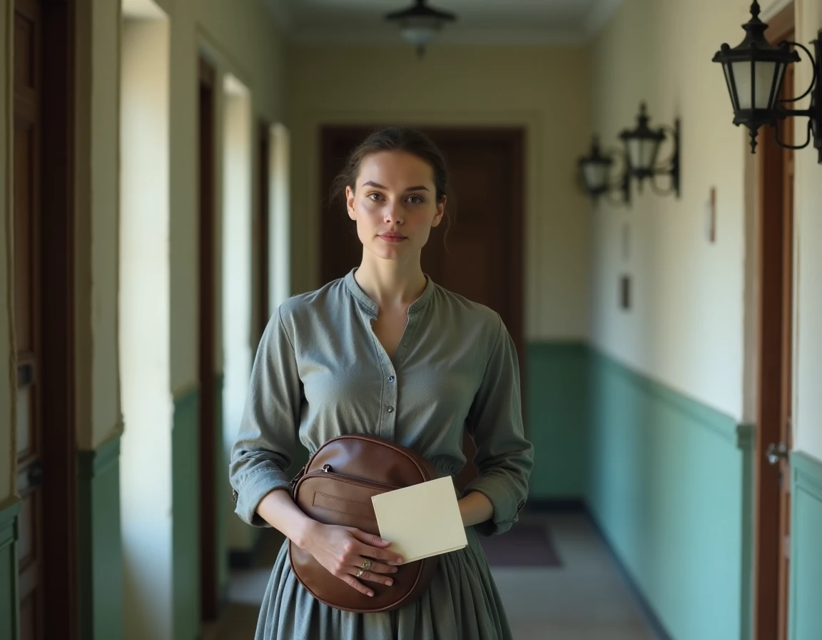 Femme médecin pionnière dans un couloir d'hôpital historique du XIXe siècle tenant une sacoche médicale