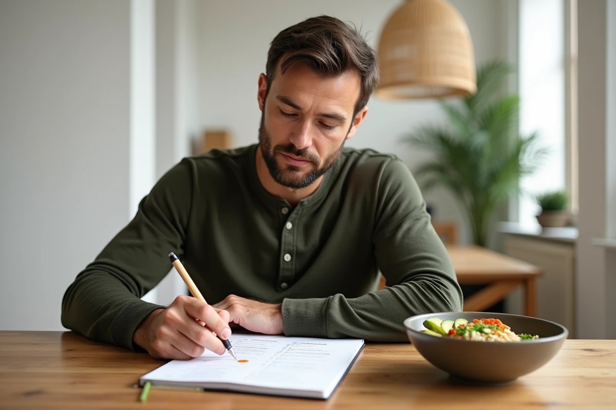 Homme consultant un plan alimentaire anti-inflammatoire personnalisé devant un bol nutritif à base de quinoa et légumes rôtis