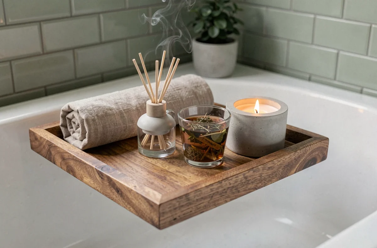 Plateau en bois avec bougie, diffuseur et tisane posé sur le rebord d'une baignoire dans une atmosphère relaxante