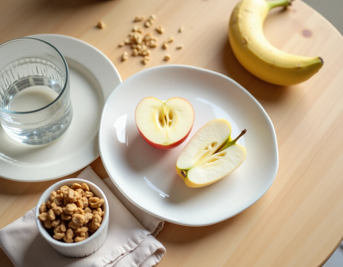 Vue de dessus d'une pomme coupée et d'une banane sur une table de petit-déjeuner scandinave