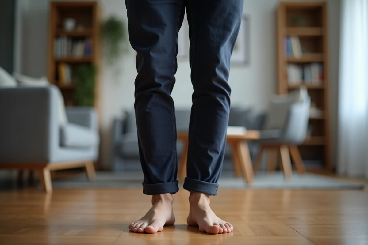Homme debout pieds nus observant sa posture et l'alignement de ses pieds à domicile