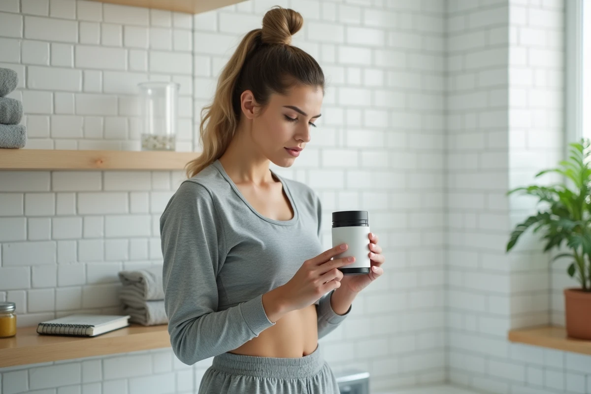 Femme lisant les précautions et effets secondaires sur l'emballage du thé Lulutox dans une salle de bain