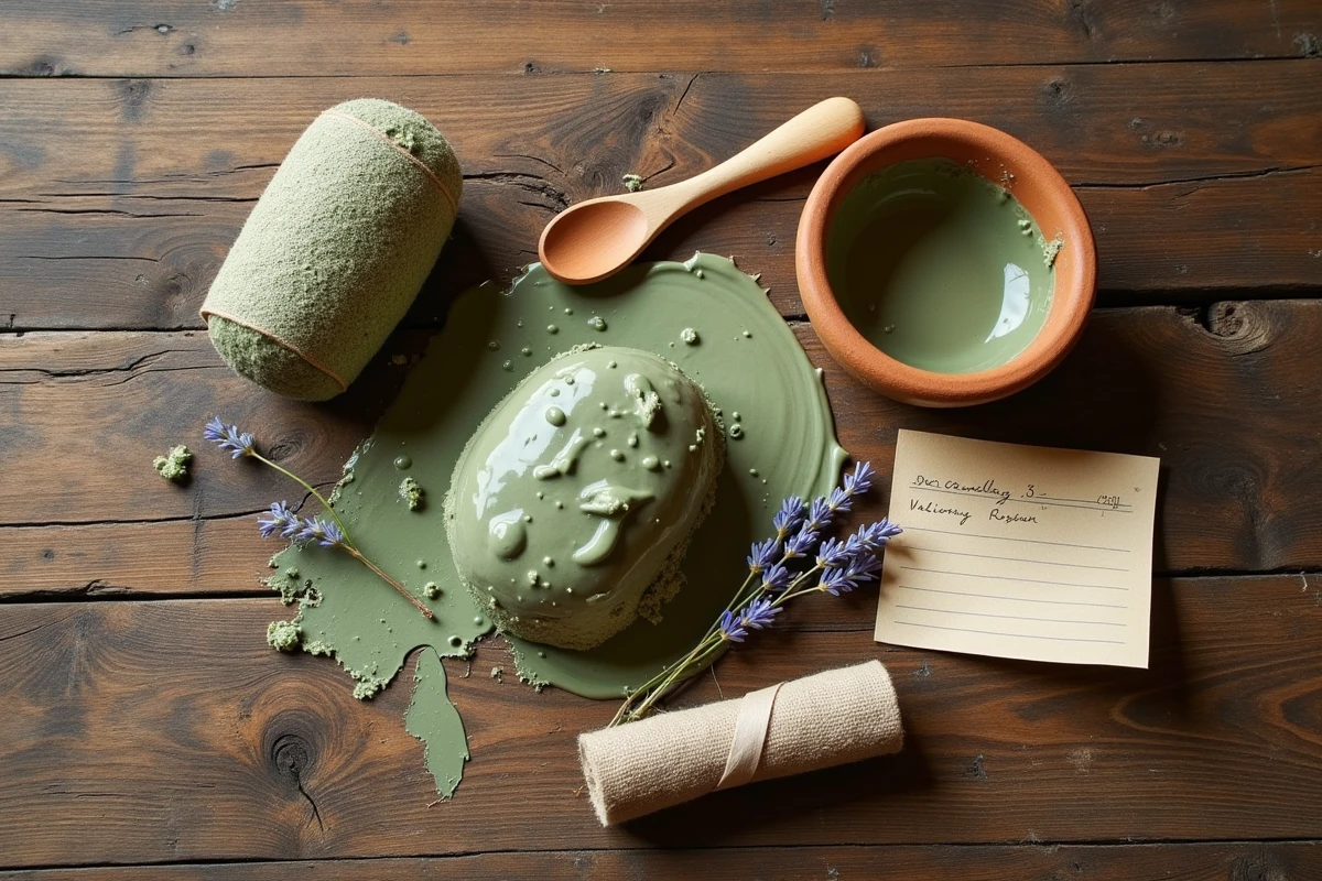 Cataplasme d'argile verte préparé avec bol en terre cuite, spatule en bois et bande de lin sur table en chêne rustique