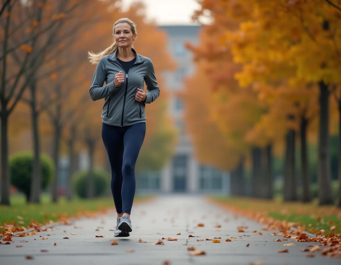 Une femme d'âge moyen marchant rapidement dans un parc en automne dans le cadre d'une activité physique pour prévenir la BPCO