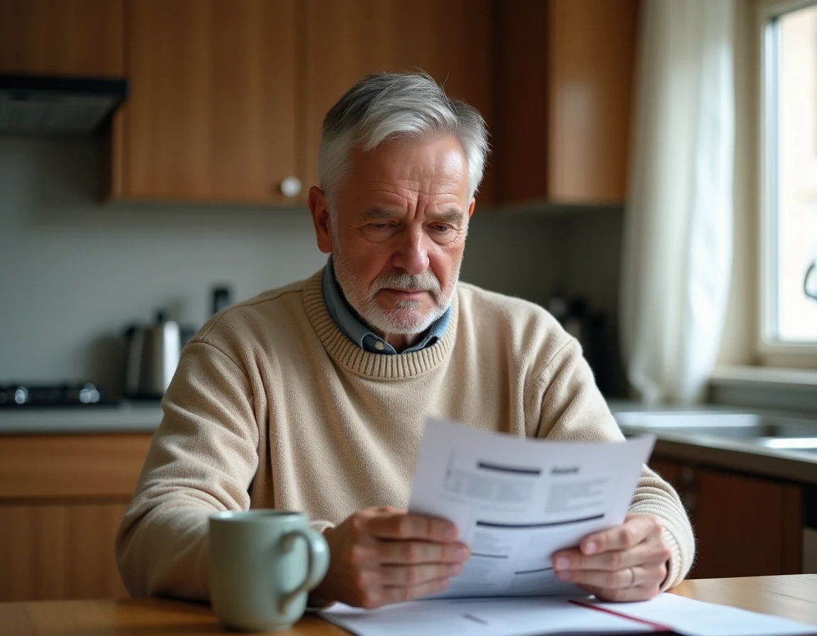 Un homme senior lisant une brochure d'information sur la prévention de la BPCO avec un inhalateur posé sur la table de cuisine