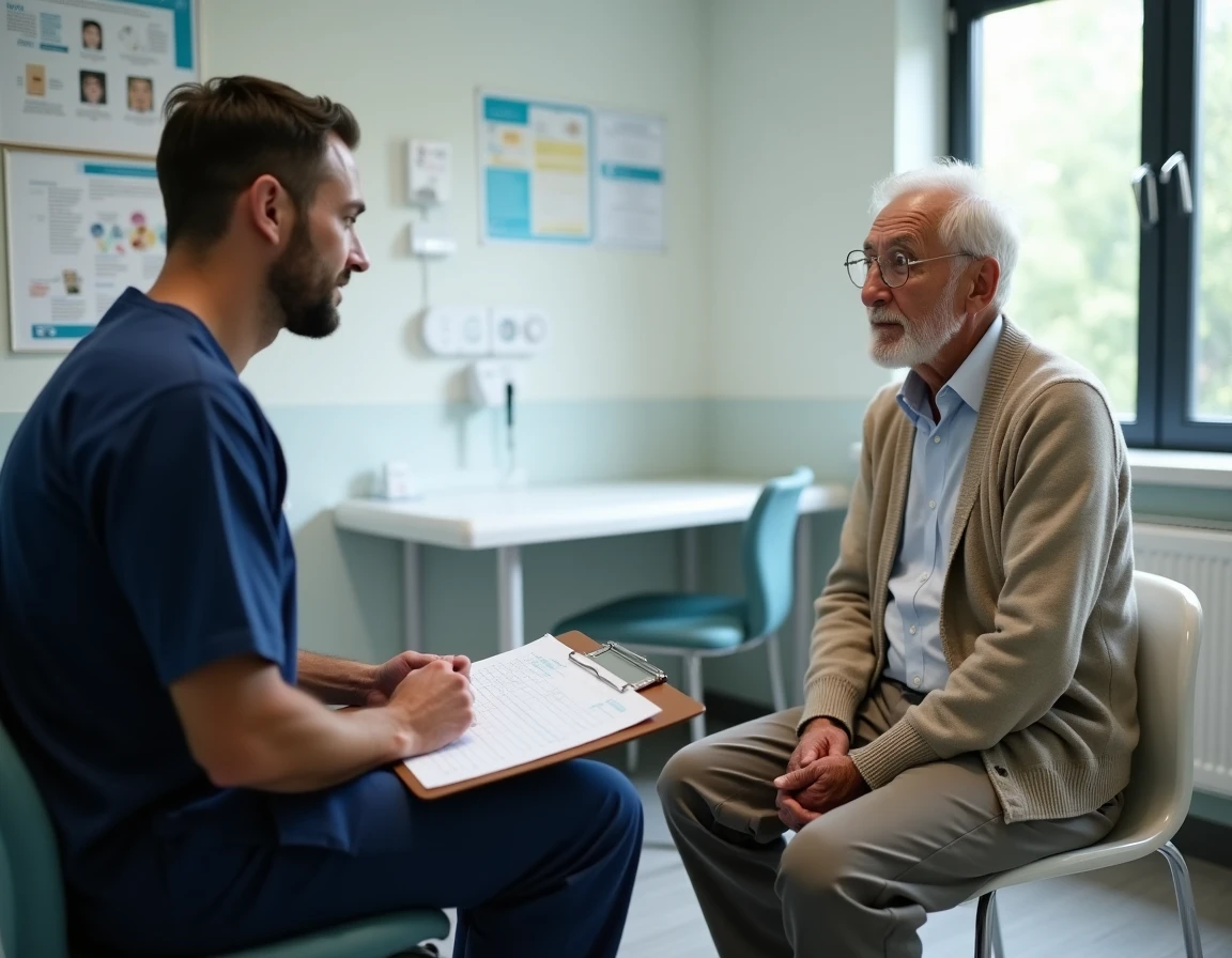 Professionnel de santé réalisant un bilan d'autonomie avec une personne âgée dans un cabinet médical