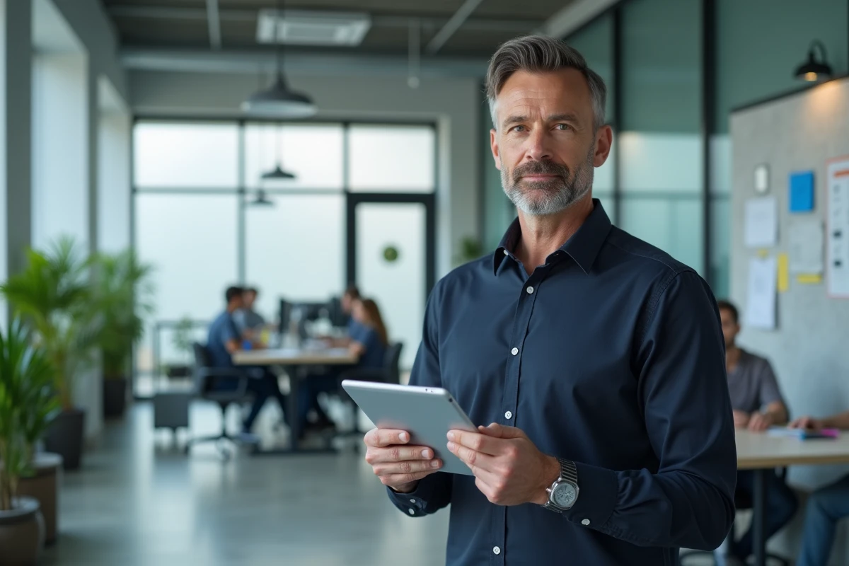 Professionnel de santé consultant les résultats d'analyses sur une application mobile Laboconnect dans un bureau médical moderne