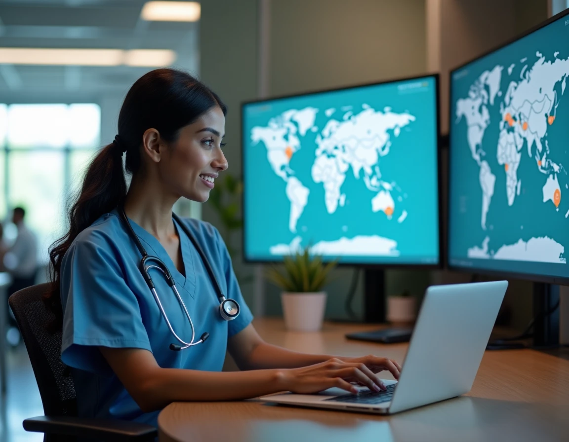 Professionnelle de santé analysant des données d'intelligence artificielle dans un centre de télémédecine international
