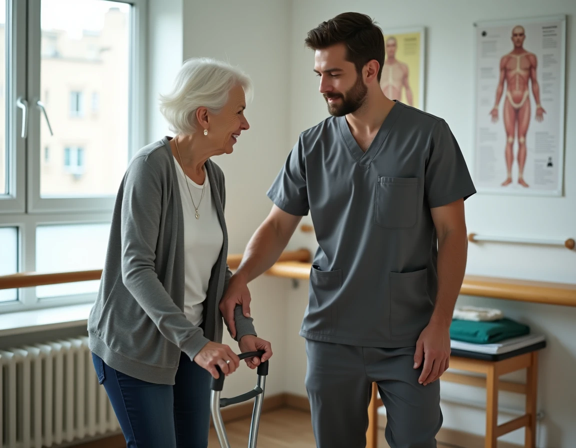 Un aide-soignant soutenant avec patience une patiente lors d'une séance de rééducation à la marche, illustrant le professionnalisme et la bienveillance essentiels aux qualités d'un bon soignant