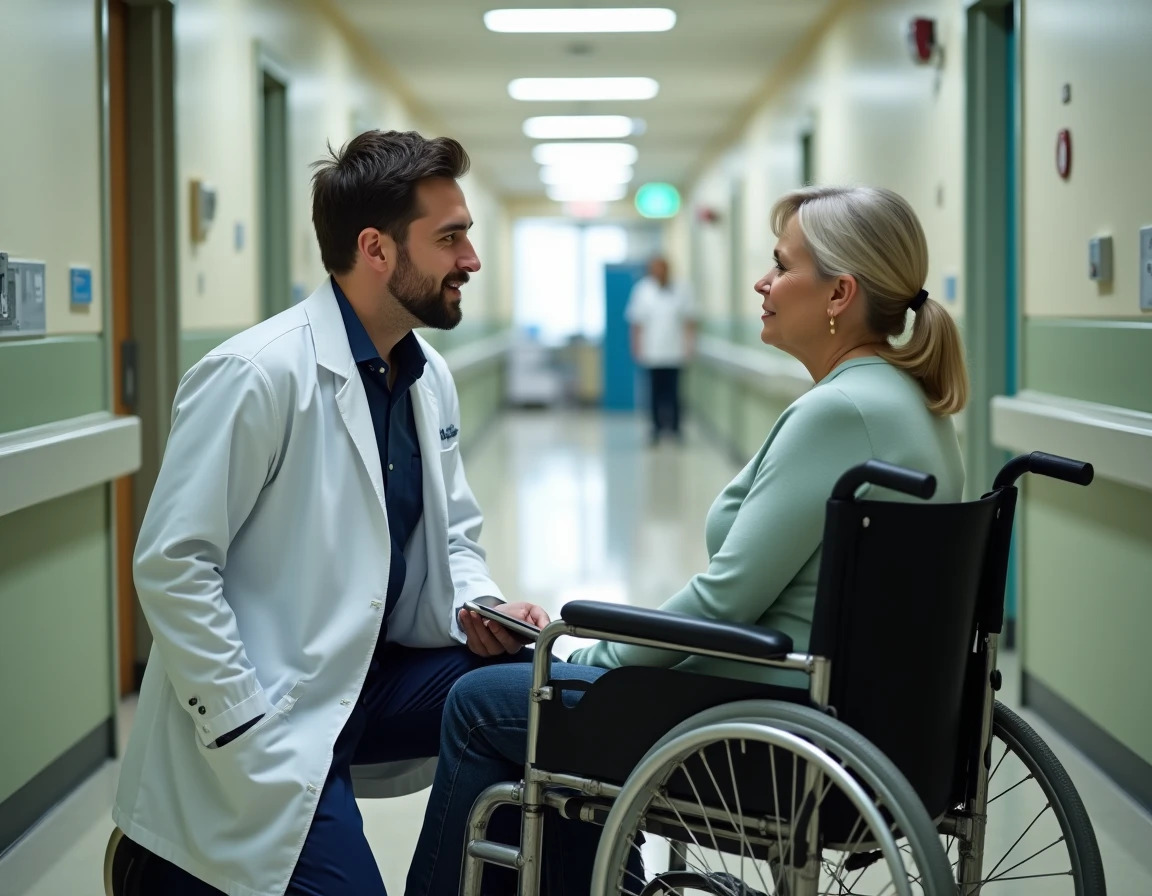 Un médecin bienveillant communiquant à hauteur des yeux avec une patiente en fauteuil roulant dans un couloir de rééducation, symbolisant le respect et l'écoute active du soignant