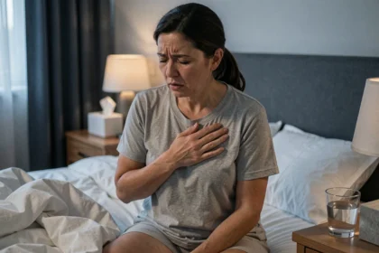 Femme adulte assise dans son lit la nuit souffrant de quintes de toux et perturbant son sommeil