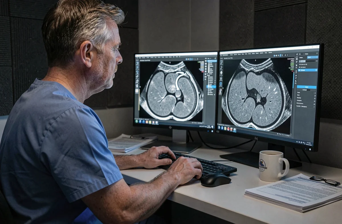 Radiologue analysant une échographie abdominale pour investiguer une élévation persistante des GGT