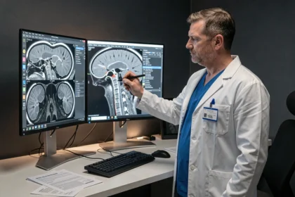 Radiologue analysant une IRM de la colonne cervicale C5-C6 sur écrans médicaux dans une salle de lecture radiologique moderne