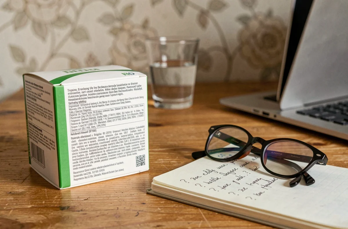 Boîte de complément alimentaire avec notice et notes manuscrites sur une table de cuisine, recherche consommateur