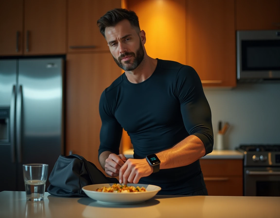 Homme en tenue de sport mangeant dans sa cuisine après un entraînement tardif le soir, montre connectée visible