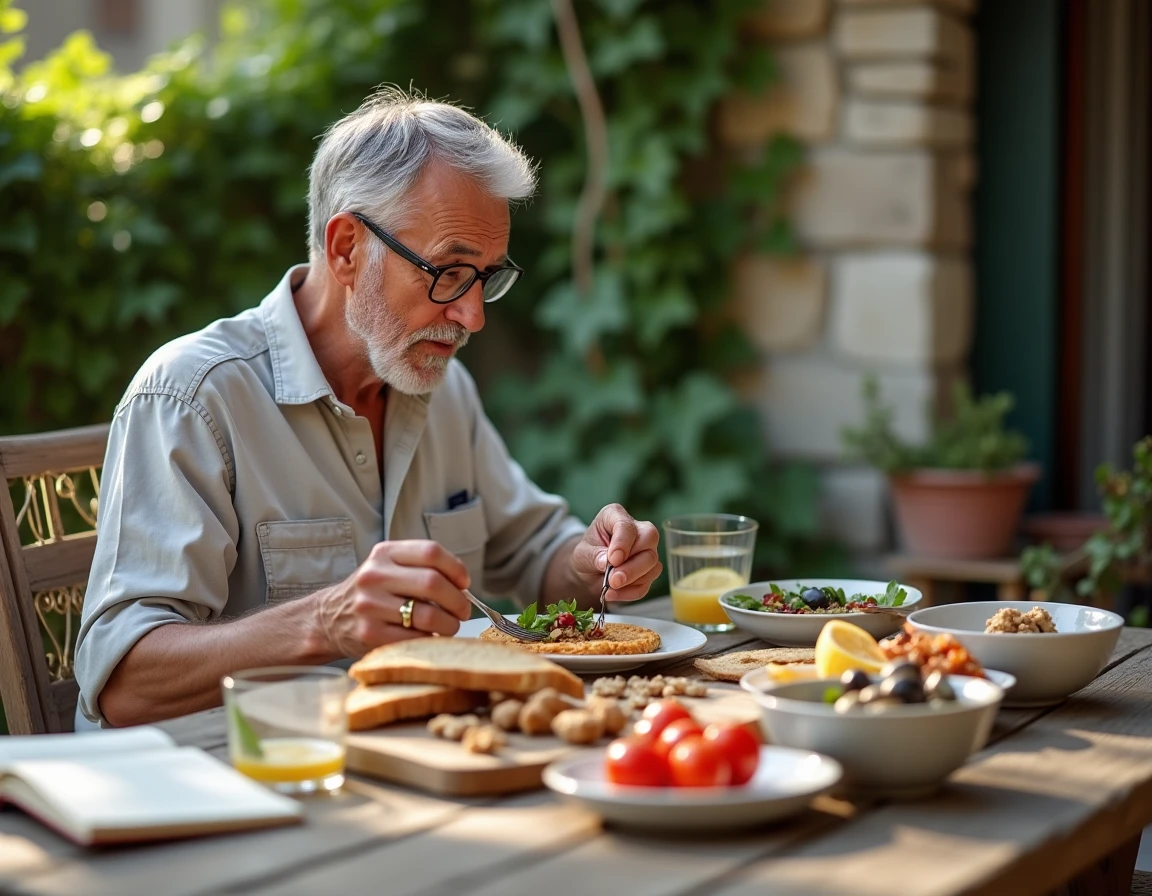 Homme âgé dégustant un repas méditerranéen sain sur une terrasse ensoleillée