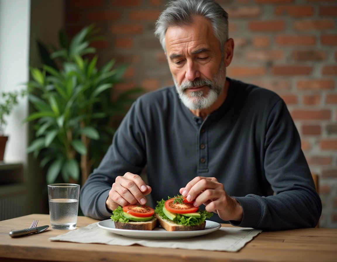 Homme assemblant un sandwich sans pain avec des champignons portobello et légumes frais pour maigrir