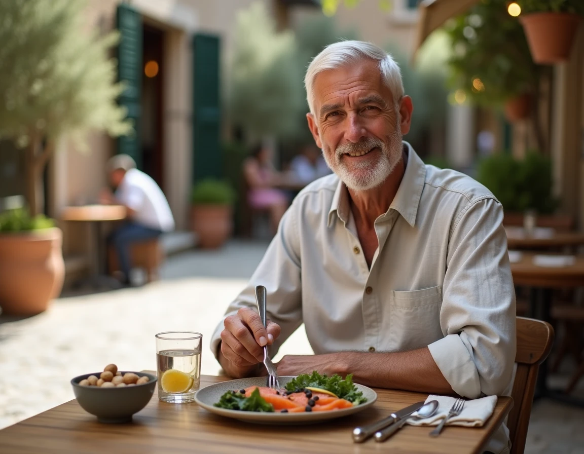 Homme senior savourant un repas méditerranéen riche en nutriments en terrasse
