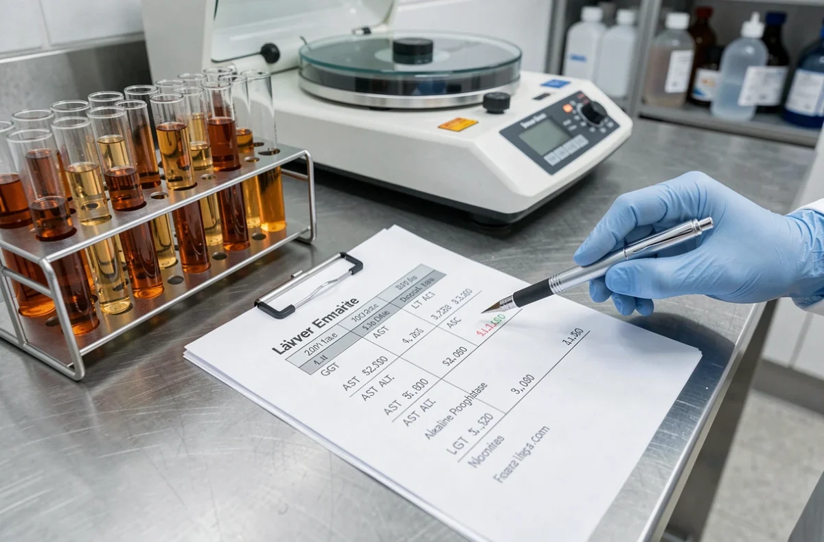Résultats d'analyses biologiques montrant une GGT haute persistante sur le bureau d'un laboratoire médical