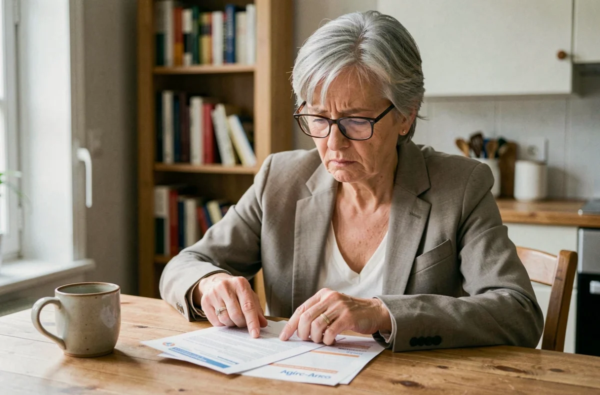 Femme senior consultant son relevé de points Agirc-Arrco à domicile suite à une maladie professionnelle dos