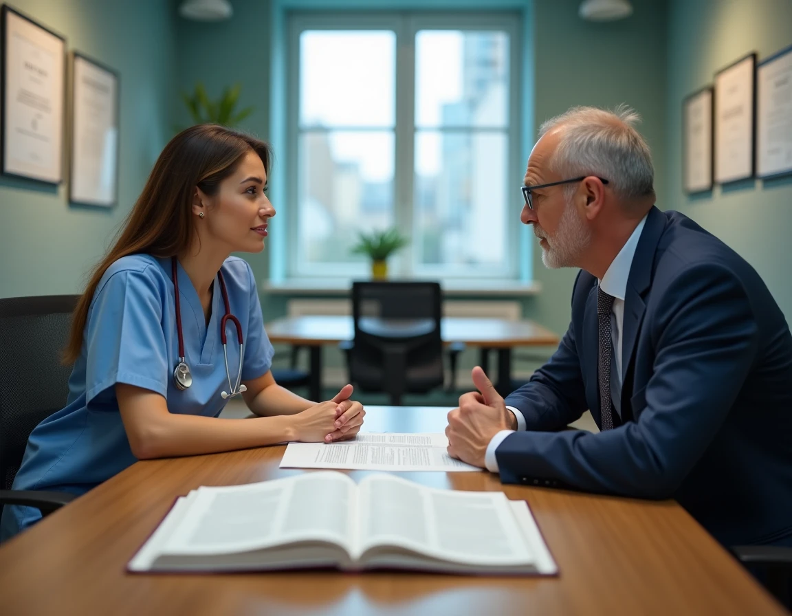 Infirmière et administrateur de santé discutant du Code de la Santé Publique lors d'une réunion professionnelle