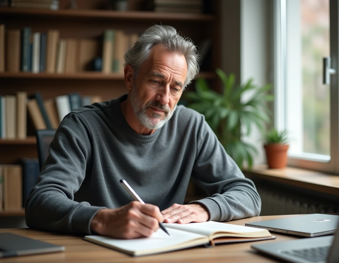 Homme d'une quarantaine d'années écrivant dans un journal sur un bureau en bois dans un bureau à domicile, représentant une routine quotidienne structurée