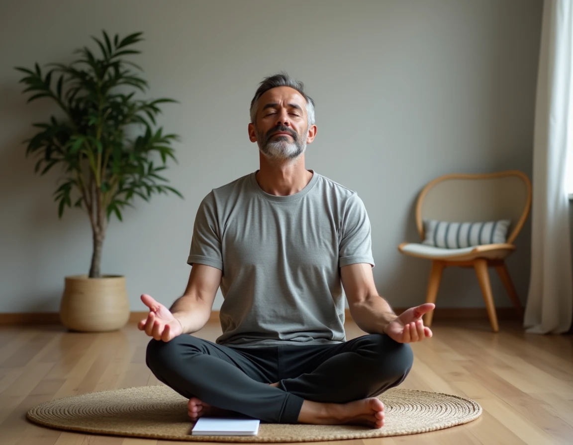 Homme en méditation dans un salon minimaliste dans le cadre d'une routine quotidienne bien-être
