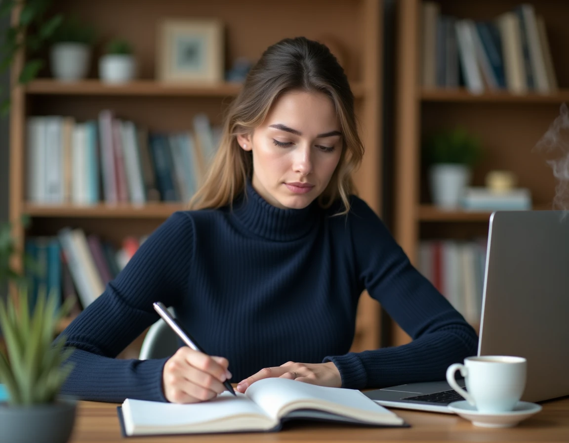 Jeune femme écrivant dans un agenda à son bureau lors de sa routine quotidienne de planification