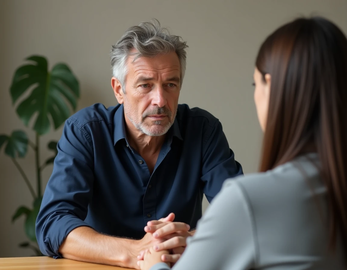 Homme en consultation psychiatrique discutant de symptômes de schizophrénie avec une thérapeute