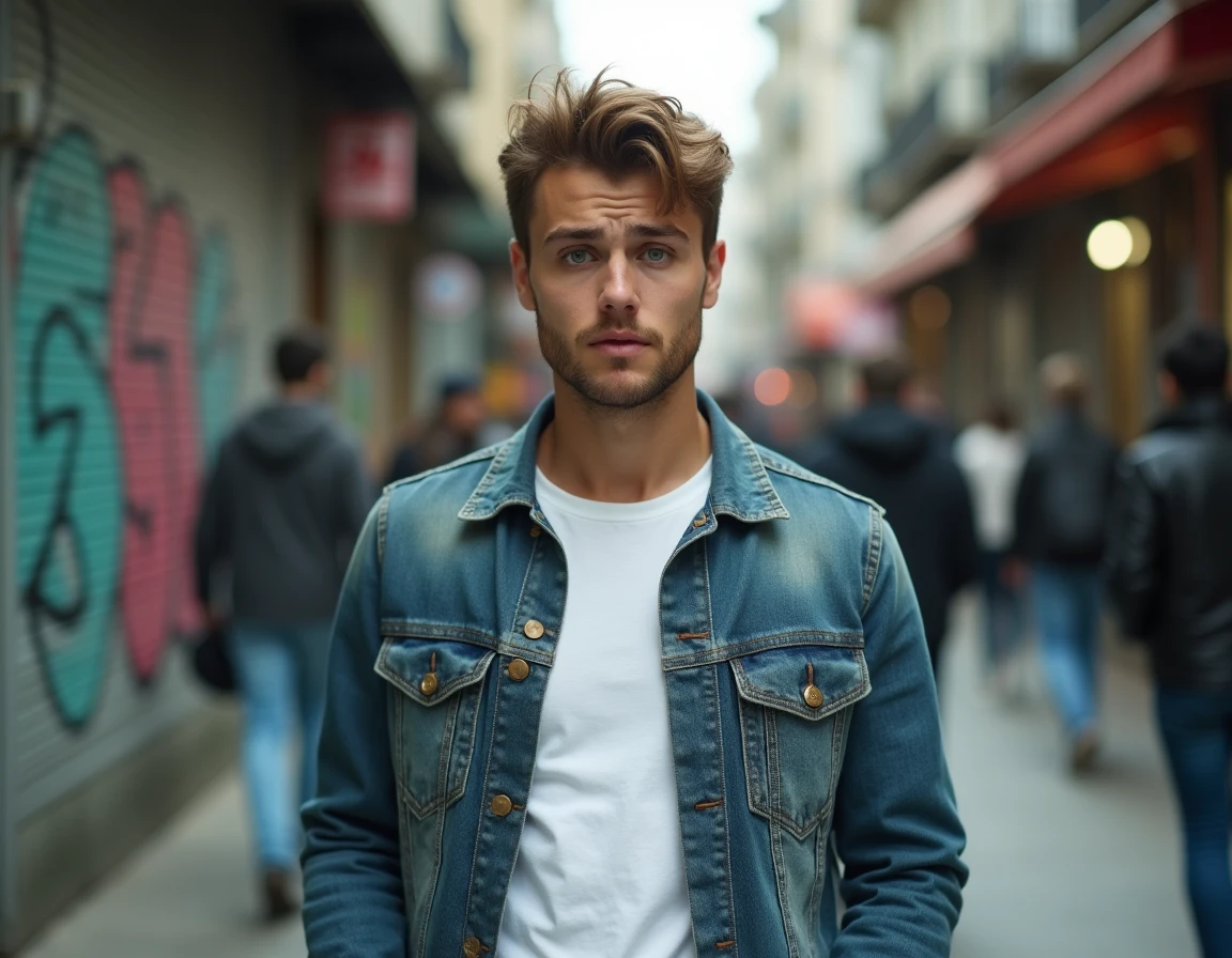 Jeune homme en milieu urbain avec une expression de confusion, représentant les symptômes dissociatifs de la schizophrénie